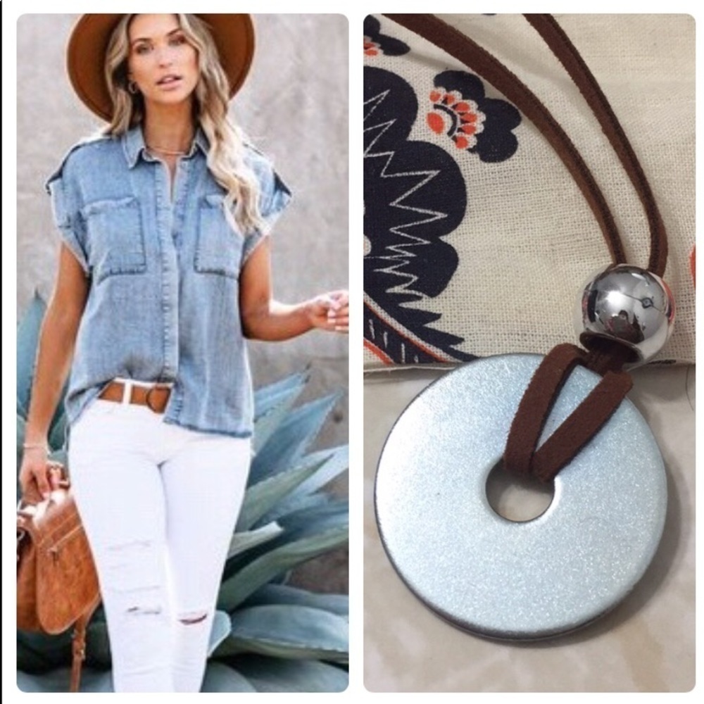 Brown Suede Washer Pendant Wrap Necklace